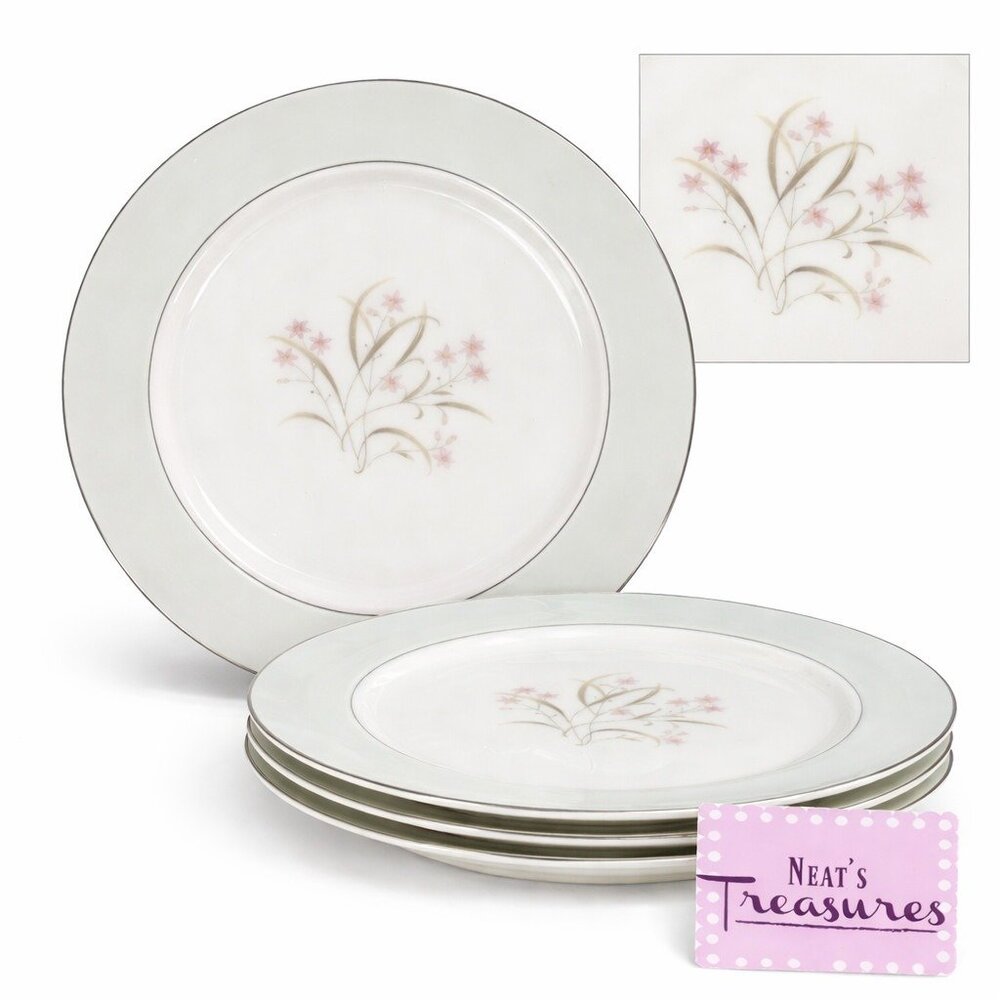 Grant Crest Fine China NOCTURNE Pink Flowers Brown Leaves Dinner Plates Set 4